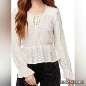 B.O.G. Collective Top Ruffles Long Sleeve Sheer Off White Metallic Dot Peplum S